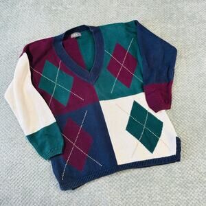 Vintage Retro Plaid VNeck Argyle Chunky Golf Sweater Paris Sportsclub Mens M